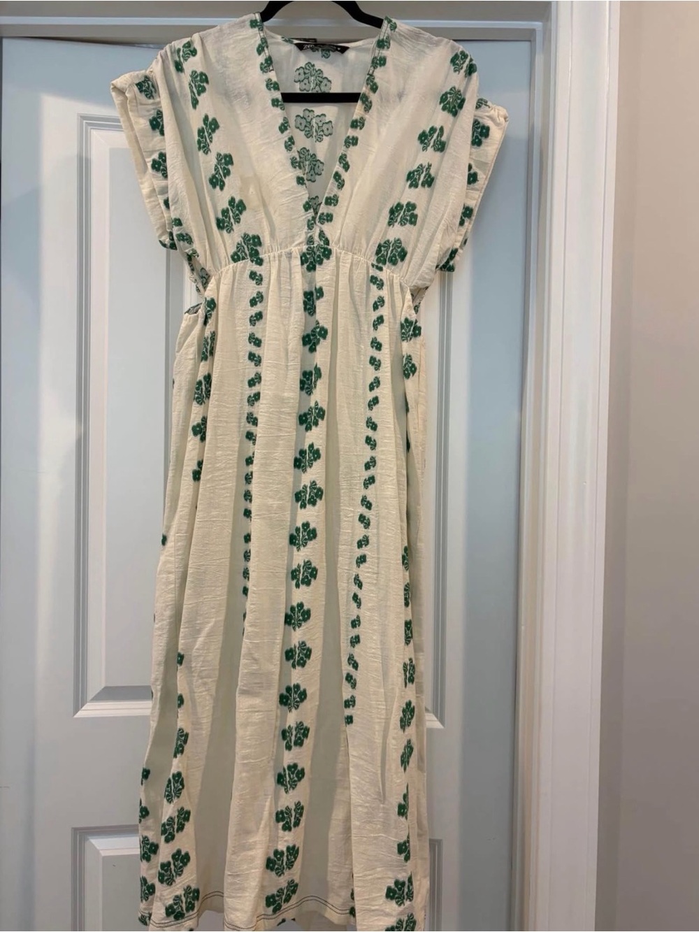 Zara Cream Maxi Dress with Green Floral Stripe